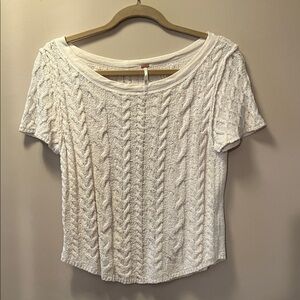 Free People Size XL 70% Cotton 30% Poly Off White Cable Knit Short Sleeve Top